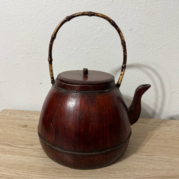 Chinese Large Wooden Teapot‎ Kettle Pitcher Bamboo Handle Vintage (Antique?) Fir